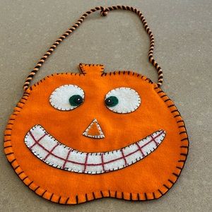 Vintage Lined Hand Stitched Felt Pumpkin Halloween Purse/Candy Bag